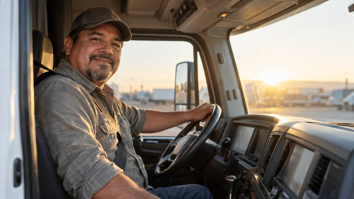 Owner-operator smiling from the window of his own semi truck