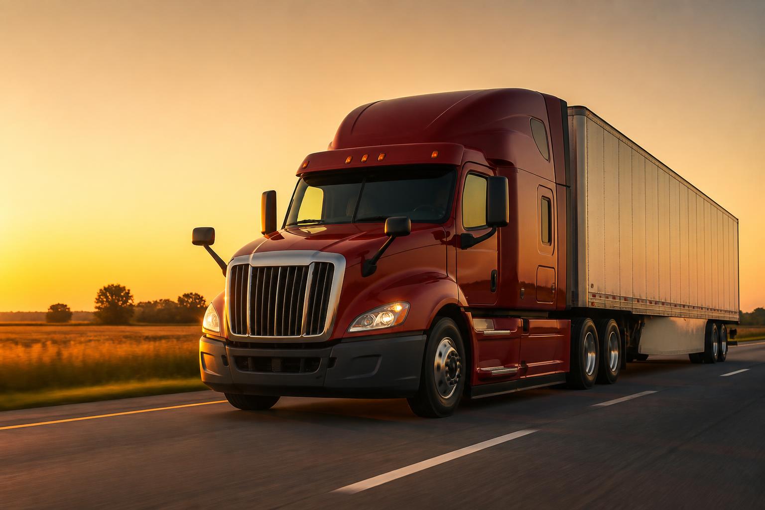 Red semi truck hauling a trailer on an open highway at sunrise